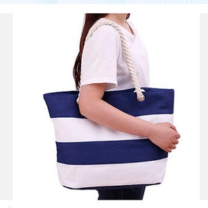 Navy blue striped Or Pink striped canvas tote bag with rope handles Blank image 1