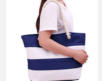 Navy blue striped Or Pink striped canvas tote bag with rope handles Blank