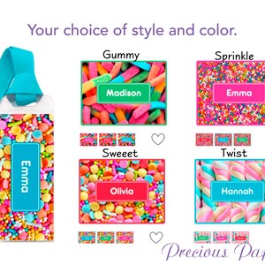 May include: A set of four colorful bookmark designs featuring different candy themes: gummy worms, sprinkles, candy dots, and marshmallows. Each design includes a customizable name field. The designs are labeled "Gummy", "Sprinkle", "Sweet", and "Twist".