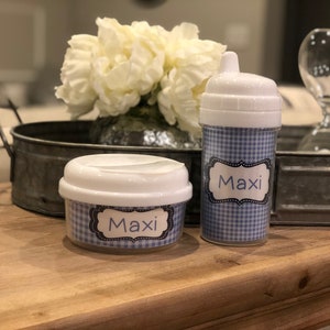 Personalized Blue Gingham snack and sippy cups kids blue snack holder cup kids sippy cup