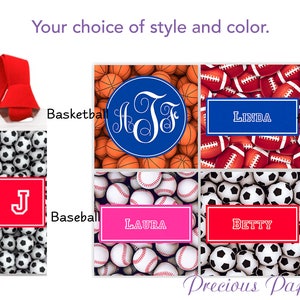 May include: A set of four bookmark designs featuring different sports themes: basketball, football, baseball, and soccer. Each bookmark has a personalized name and a monogram. The bookmarks are printed on white cardstock and have a red ribbon.