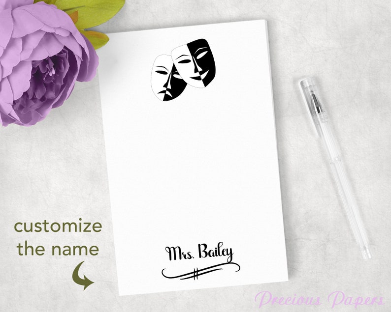 Personalized drama teacher notepad with comedy tragedy masks, custom drama coach gift, theater teacher gift, comedy and tragedy notepad afbeelding 2