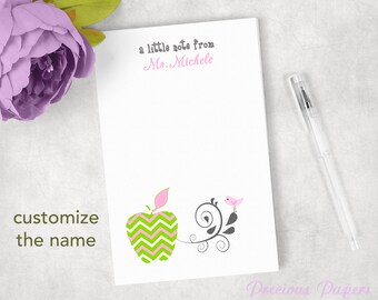 Personalized teacher notepad pink and green chevron apple note pad