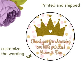 Personalized PRINTED Pink and Gold Princess Crown stickers or labels for girls baby shower