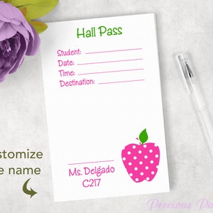Personalized teacher&#39;s hall pass notepad, hall pass notes, hall pass for school, paper hall passes