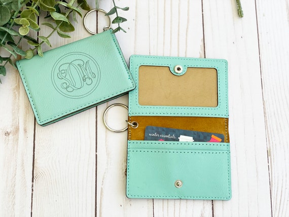 Teal Personalized Keychain Wallet Keychain ID Holder Leather 