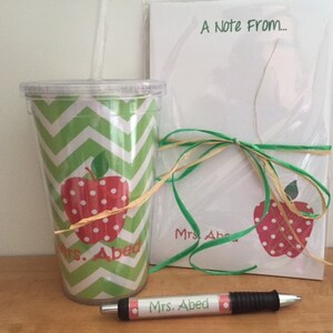 Personalized Teacher Gift Set with Polka Dot Apple Tumbler and Notepad | Customizable Teacher Notepad, Appreciation Gifts image 1