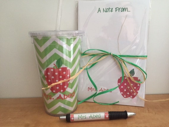 Personalized Teacher Gift Set with Polka Dot Apple Tumbler and Notepad | Customizable Teacher Notepad, Appreciation Gifts