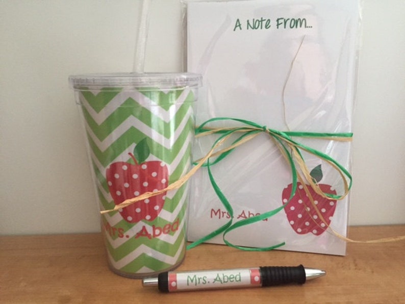 Personalized Teacher Gift Set with Polka Dot Apple Tumbler and Notepad | Customizable Teacher Notepad, Appreciation Gifts image 1