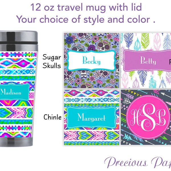 Personalized travel mug with lid - sugar skull mug, arrow print mug, feather print mug, sugar skull coffee mug, southwestern mug