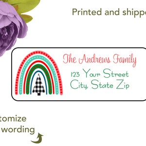 Personalized Buffalo Check Tree Christmas Rainbow return address labels gift stickers image 1