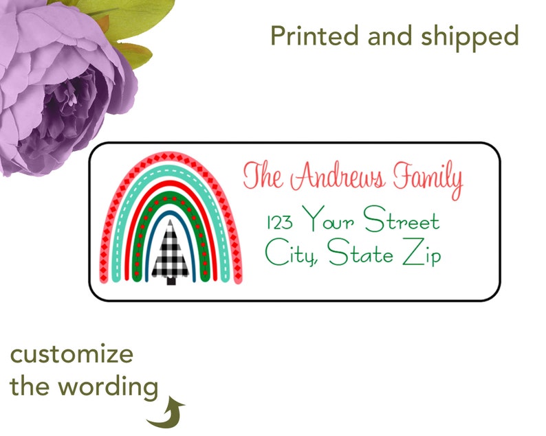 Personalized Buffalo Check Tree Christmas Rainbow return address labels gift stickers image 1