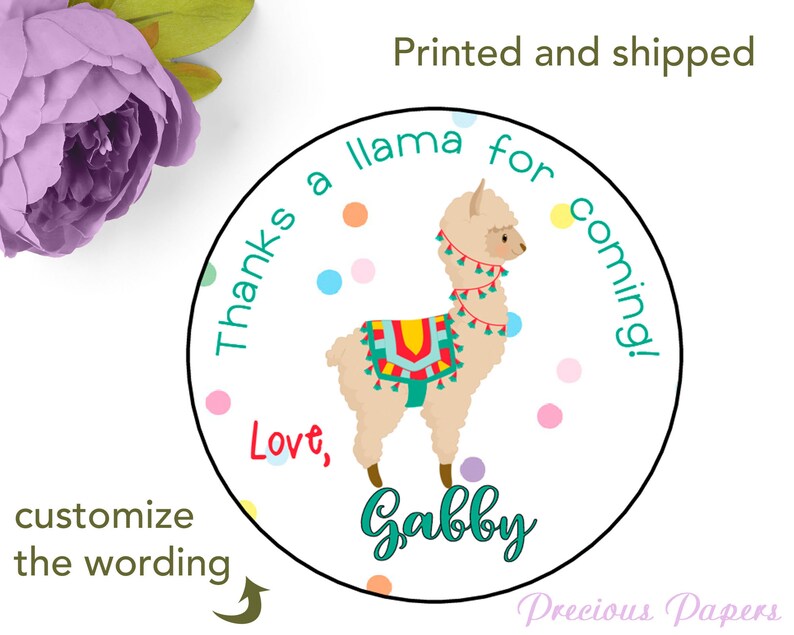 Personalized Llama sticker printed and shipped. Alpaca stickers, llama birthday party, alpaca party image 2