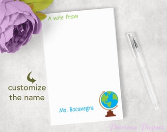 Personalized teacher notepad with globe | Custom social studies note pads for teachers, appreciation gifts, school stationery