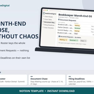 Bookkeeper Month-End Close Notion Template | Client Roster, Close Tasks, Document Requests & Filing Deadlines