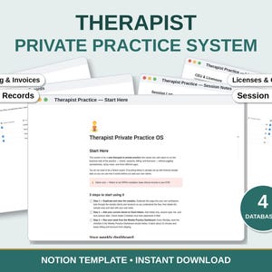 Op de afbeelding: Een digitaal organisatiesysteem genaamd Therapist Private Practice System, met meerdere vensters voor cliëntendossiers, facturering, sessienotities en licenties. Een ronde badge geeft aan dat er 4 databases zijn inbegrepen.