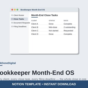 Bookkeeper Month-End Close Notion Template | Client Roster, Close Tasks, Document Requests & Filing Deadlines