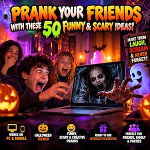 Pacote com 50 pegadinhas interativas de Halloween: jogos digitais divertidos e assustadores para download instantâneo em HTML para PC e celular.