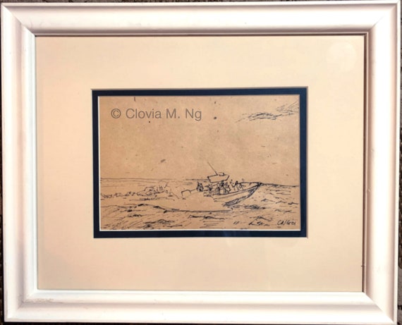 Speedboat to a Private Island Framed Original Ink Drawing by Artist Clovia  M. Ng 