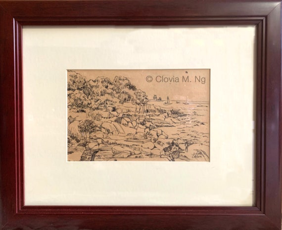 A Day on the Rocks Framed Original Ink Drawing by Artist Clovia M. Ng 
