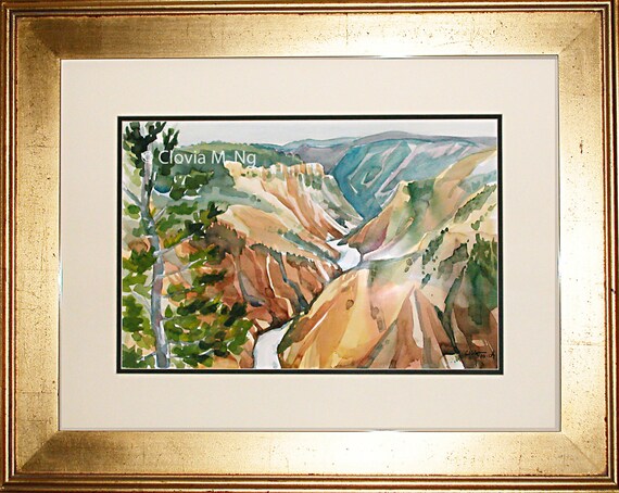A View of Yellowstone Park Framed Original Watercolor Painting by Artist  Clovia M. Ng -  Canada