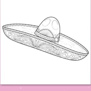 Puede incluir: Un dibujo de l&iacute;neas en blanco y negro de un sombrero con intrincados patrones florales y de volutas en el ala ancha, una banda tejida alrededor de la copa y el texto Big spaces for little hands en la parte inferior.