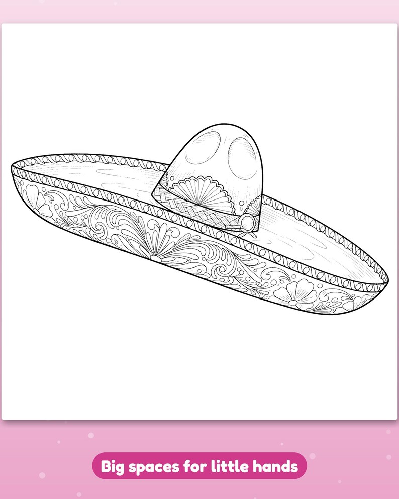 Puede incluir: Un dibujo de l&iacute;neas en blanco y negro de un sombrero con intrincados patrones florales y de volutas en el ala ancha, una banda tejida alrededor de la copa y el texto Big spaces for little hands en la parte inferior.