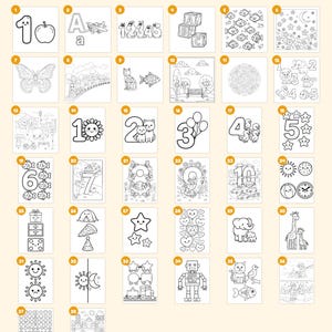 May include: A collection of 38 black and white coloring pages featuring numbers, animals, shapes, and nature scenes. The grid displays numbered squares from 1 to 38, showcasing various line art illustrations including a robot, stars, and flowers.