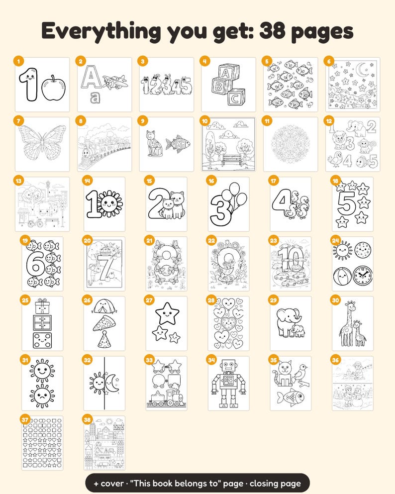 May include: A collection of 38 black and white coloring pages featuring numbers, animals, shapes, and nature scenes. The grid displays numbered squares from 1 to 38, showcasing various line art illustrations including a robot, stars, and flowers.