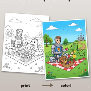 Peut inclure: Un ensemble de pages &agrave; colorier montrant un chevalier et un dragon pique-niquant sur une couverture &agrave; carreaux. Le texte indique Color it your way! print color! Example colored with AI, for inspiration (pages come in black & white).