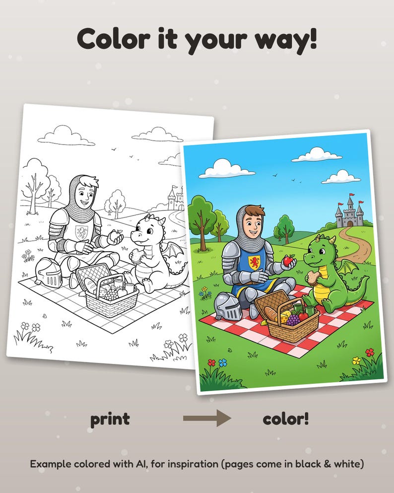 Peut inclure: Un ensemble de pages &agrave; colorier montrant un chevalier et un dragon pique-niquant sur une couverture &agrave; carreaux. Le texte indique Color it your way! print color! Example colored with AI, for inspiration (pages come in black & white).