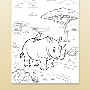 May include: A black and white colouring page featuring a rhinoceros standing on a dirt path with a small bird perched on its back. The background shows a savanna landscape with acacia trees, bushes, clouds, and a sun in the sky.