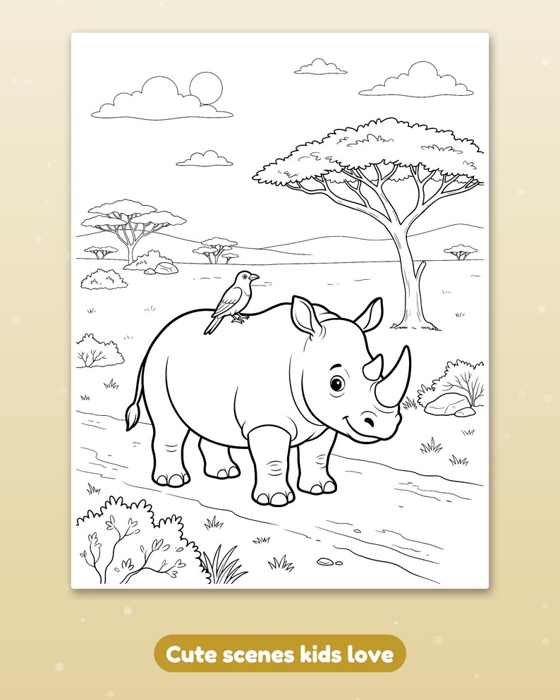 May include: A black and white colouring page featuring a rhinoceros standing on a dirt path with a small bird perched on its back. The background shows a savanna landscape with acacia trees, bushes, clouds, and a sun in the sky.