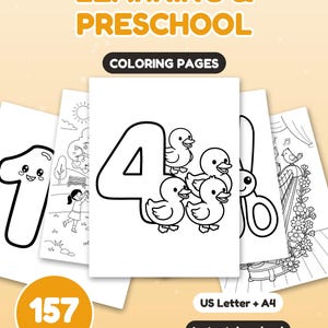 May include: A collection of 157 coloring pages titled LEARNING & PRESCHOOL. The pages feature black and white line art including the number 4 with four ducks, the number 1, and a harp. Includes US Letter and A4 size options.