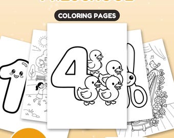 May include: A collection of 157 coloring pages titled LEARNING & PRESCHOOL. The pages feature black and white line art including the number 4 with four ducks, the number 1, and a harp. Includes US Letter and A4 size options.