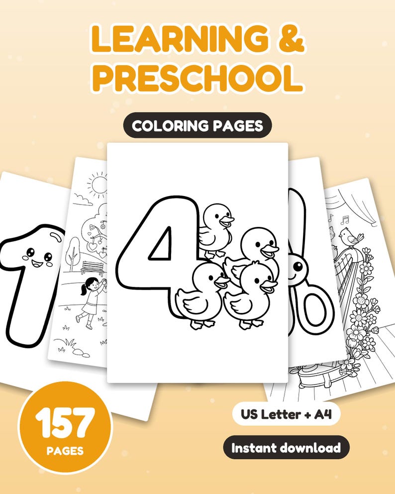 May include: A collection of 157 coloring pages titled LEARNING & PRESCHOOL. The pages feature black and white line art including the number 4 with four ducks, the number 1, and a harp. Includes US Letter and A4 size options.