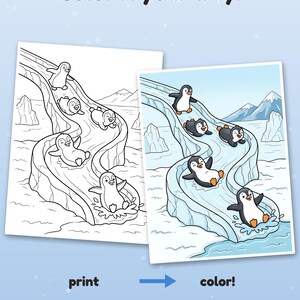 May include: Two coloring pages featuring penguins sliding down an icy slope. One page is black and white line art, the other is a colored version. Text reads: Color it your way! print color! Example colored with AI, for inspiration.