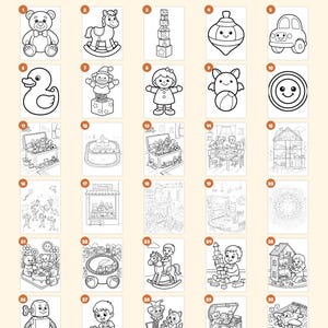May include: A coloring book collection featuring 30 pages of black and white line art illustrations of toys, including teddy bears, rocking horses, building blocks, spinning tops, toy cars, dolls, and scenes of children playing with various toys.