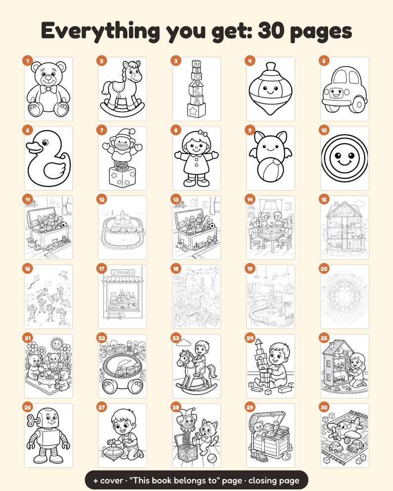 May include: A coloring book collection featuring 30 pages of black and white line art illustrations of toys, including teddy bears, rocking horses, building blocks, spinning tops, toy cars, dolls, and scenes of children playing with various toys.
