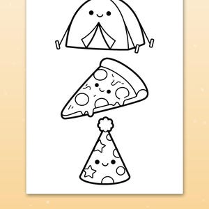 May include: A black and white coloring page featuring three cute characters with smiling faces: a camping tent, a slice of pepperoni pizza, and a party hat with stars. Below the illustrations, the text reads: Big spaces for little hands.
