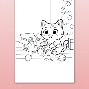 May include: A black and white colouring page featuring a cartoon cat playing with round Christmas ornaments near an open box and a decorated tree. The text at the bottom of the page reads, Big spaces for little hands.