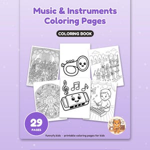 29 Music & Instruments Coloring Pages for Kids, Music and Instruments Coloring Book, Guitar Drum Piano, Printable PDF, Instant Download image 3
