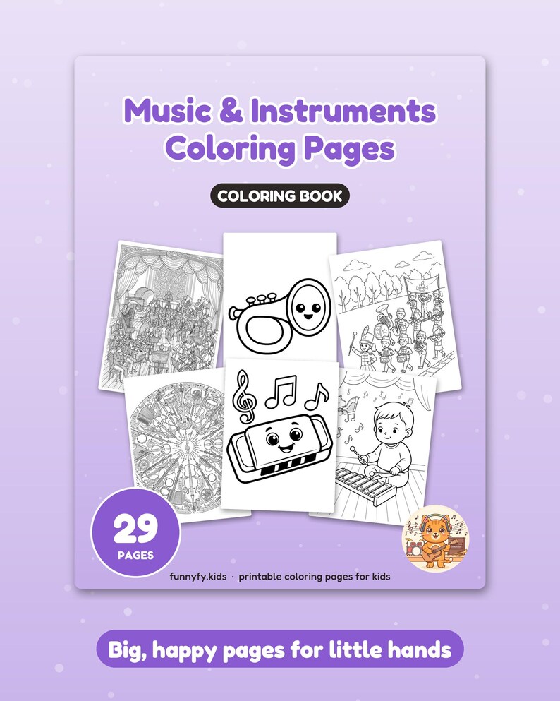 29 Music & Instruments Coloring Pages for Kids, Music and Instruments Coloring Book, Guitar Drum Piano, Printable PDF, Instant Download image 3