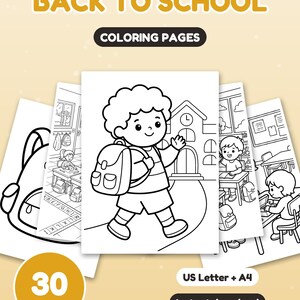 Puede incluir: Un conjunto de 30 p&aacute;ginas para colorear Back to School con ilustraciones de arte lineal en blanco y negro de ni&ntilde;os en aulas, edificios escolares y mochilas. El texto dice Back to School, Coloring Pages, 30 Pages, US Letter + A4, Instant download.
