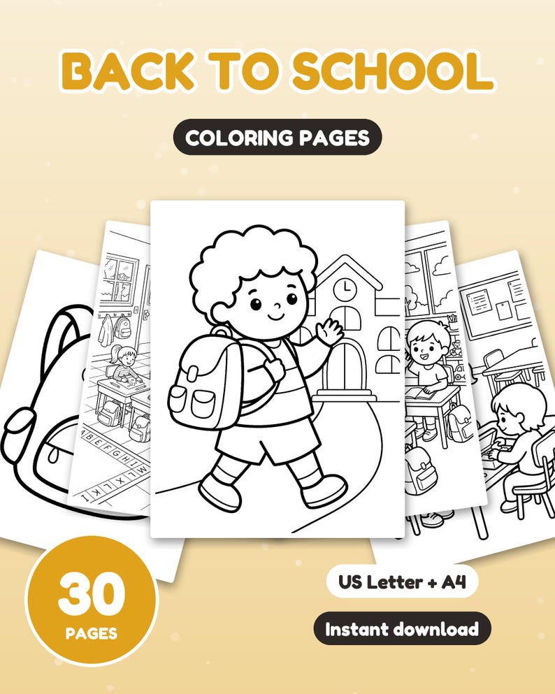 Puede incluir: Un conjunto de 30 p&aacute;ginas para colorear Back to School con ilustraciones de arte lineal en blanco y negro de ni&ntilde;os en aulas, edificios escolares y mochilas. El texto dice Back to School, Coloring Pages, 30 Pages, US Letter + A4, Instant download.