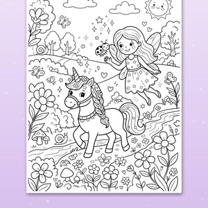 May include: A black and white coloring page featuring a fairy with wings and a unicorn in a garden setting with flowers, trees, butterflies, a ladybug, and a sun. The text at the bottom reads, Big spaces for little hands.