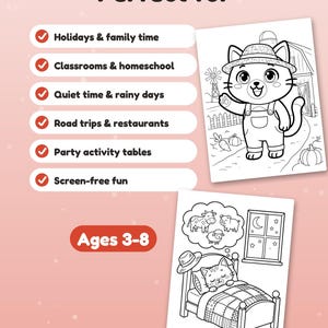 May include: A coloring book page set featuring black and white line art of a cat in overalls on a farm and a cat sleeping in a bed with a thought bubble of farm animals. Text includes "Perfect for" and "Ages 3-8" with checkmark list items.