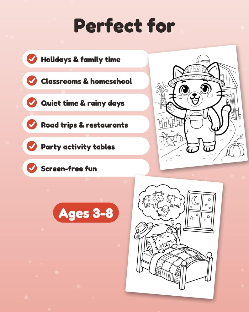 May include: A coloring book page set featuring black and white line art of a cat in overalls on a farm and a cat sleeping in a bed with a thought bubble of farm animals. Text includes "Perfect for" and "Ages 3-8" with checkmark list items.