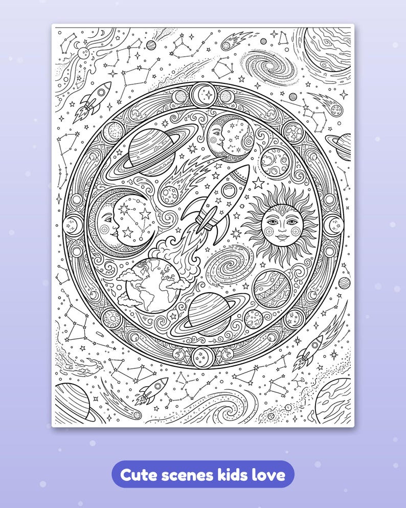 Puede incluir: Una p&aacute;gina para colorear en blanco y negro con un marco circular central lleno de cuerpos celestes, incluyendo un cohete, planetas, un sol con cara y una luna creciente con cara, rodeados de estrellas, constelaciones y cohetes adicionales.