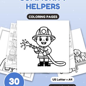 Puede incluir: Un conjunto de 30 páginas para colorear Community Helpers con dibujos de líneas en blanco y negro. La imagen central muestra a un bombero con una manguera. Otras páginas muestran un laboratorio y un cachorro con un gatito. Texto Community Helpers.